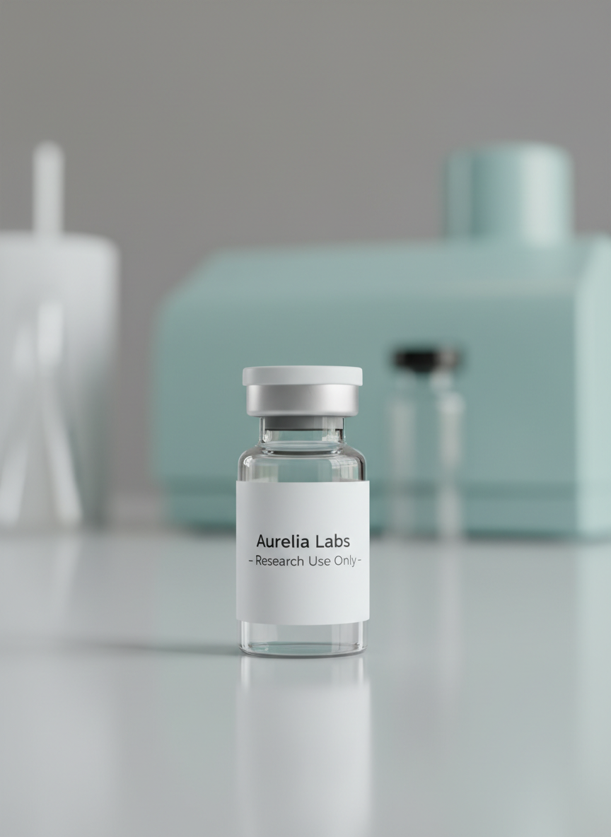 A meticulously arranged close-up of a pharmaceutical-grade peptide vial, made of ultra-clear borosilicate glass with a matte white crimp cap and a precisely printed minimalist label reading “Aurelia Labs – Research Use Only.” The vial stands centered on a seamless, cool-grey lab bench with faint reflections suggesting a sterile surface. In the softly out-of-focus background, pale teal and white laboratory equipment creates a clean gradient of color. Neutral, diffused studio lighting from above and slightly to the side casts gentle, controlled shadows and subtle highlights along the glass curvature. Shot at eye level with a shallow depth of field for photographic realism, the composition feels clinical, professional, and precise, embodying the brand’s theme: where precision meets purity.