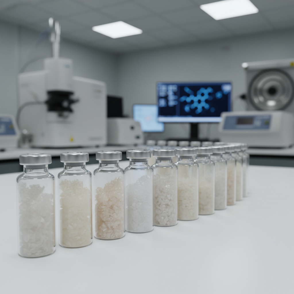 An array of crystalline peptide powders displayed in open, clear glass vials arranged in a gentle arc on a pristine white laboratory surface. Each vial contains subtly different textures and off-white shades, from fine, talc-like powder to delicate, sparkling micro-crystals. Behind them, softly blurred analytical instruments and a faintly glowing computer monitor suggest a state-of-the-art research lab. Cool, diffused overhead lighting creates crisp, controlled reflections on the glass and emphasizes the texture of the powders. Captured from a slightly elevated three-quarter angle with moderate depth of field, the image is clean, modern, and highly professional, conveying a sense of pharmaceutical rigor and high-end research aesthetics in a photographic, hyper-realistic style.
