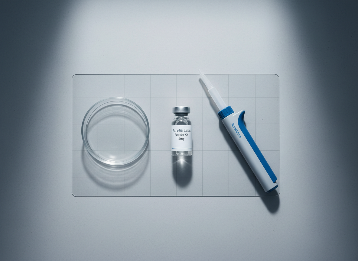 A minimalist flat-lay composition of a peptide research setup on a smooth, light concrete surface: a single labeled Aurelia Labs peptide vial, a precision micropipette resting parallel to it, and a sleek glass petri dish containing a reconstituted, crystal-clear solution. Subtle grid lines from a transparent lab mat are barely visible beneath. Soft, directional studio lighting from the upper left creates defined but gentle shadows, highlighting the geometry of each object. The background fades into a cool, slightly bluish gradient, hinting at a controlled, sterile environment. Photographic realism with a high-resolution, editorial feel, captured from a perfectly overhead bird’s-eye view, evokes precision, order, and calm scientific focus suited to advanced biohacking research.