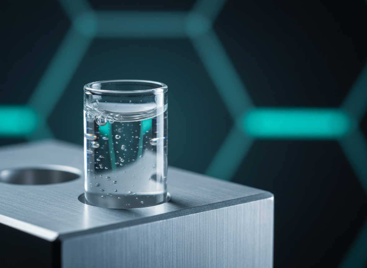A close-up, macro-style image of a transparent peptide solution inside a thin-walled glass vial, the meniscus perfectly curved and tiny air bubbles clinging to the inner surface. The vial rests in a precision-machined aluminum rack with chamfered edges, its brushed metal texture catching light. In the background, out-of-focus hexagonal patterns and faint teal light bars suggest advanced biochemical analysis. Cool, directed side lighting traces a luminous line along the solution and creates subtle specular highlights on the glass, emphasizing clarity and purity. Shot with extremely shallow depth of field at eye level, the composition feels cutting-edge and technical, with a clean, high-tech, photographic aesthetic tailored to serious research environments and discerning biohackers.